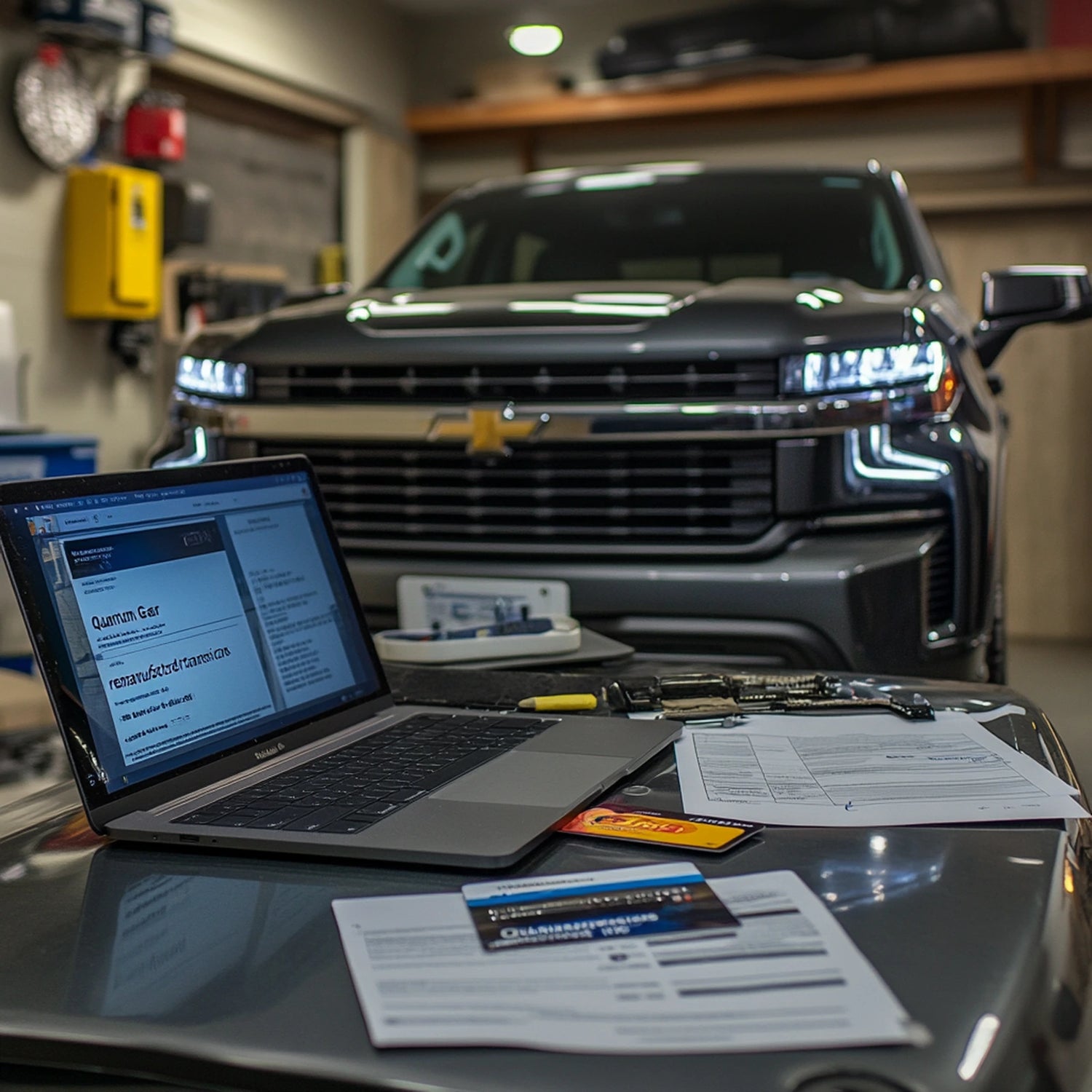 Laptop displaying Quantum Gear website with Chevy truck in background — transmission order and documentation process.